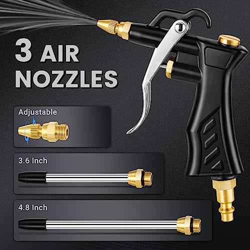 Industrial Air Blow Gun with Adjustable Brass Air Nozzle, Premium Air Blower Gun with 2 Pcs Steel Air Flow Extensions and 1/4" NPT Standard Quick Plug, Pneumatic Air Compressor Accessory Tool
