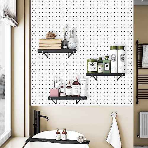 Black Pegboard Shelf, 4 Pack Wooden Pegboard Shelves with Metal Brackets Hooks, Heavy Duty Peg Board Organizer Shelves, Pegboard Accessories Organizer for Crafts Room, Garage, Workbench, Office