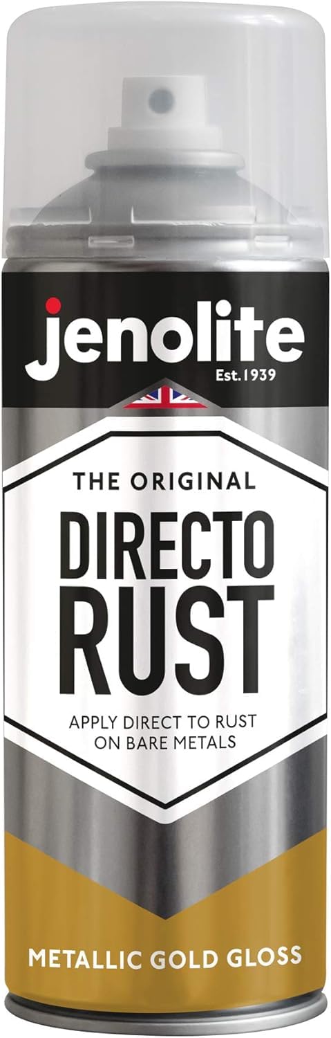 JENOLITE Directorust Spray Paint for Metal - GOLD - Metallic Gloss Finish for Indoor and Outdoor use - Multi-Surface for Metal, Plastic, Ceramic, Wood & Rusted Surfaces - 400ml (13.52fl oz)