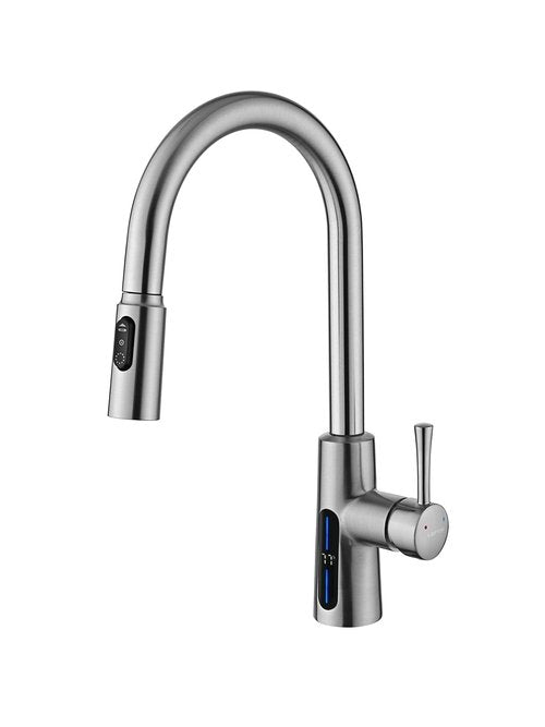 Lefton Pull-Down Kitchen Faucet with Temperature Display in Fahrenheit, 3 Water Outlet Modes, Faucet for Kitchen Sink, Brushed Nickel, KF2501-0