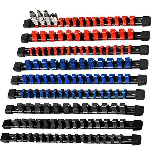 AMM 9-Piece Socket Organizer, 1/2 inch, 3/8 inch and 1/4 inch Drive ABS Tools-Socket Holder,Heavy Duty Socket Racks, Premium Quality Socket Clip Rail Holder,The best tool trays in the garage