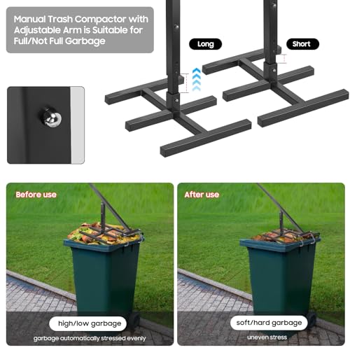 Manual Trash Compactor for Waste Recycling, Heavy-Duty Iron, Adjustable for 120-660L Bins