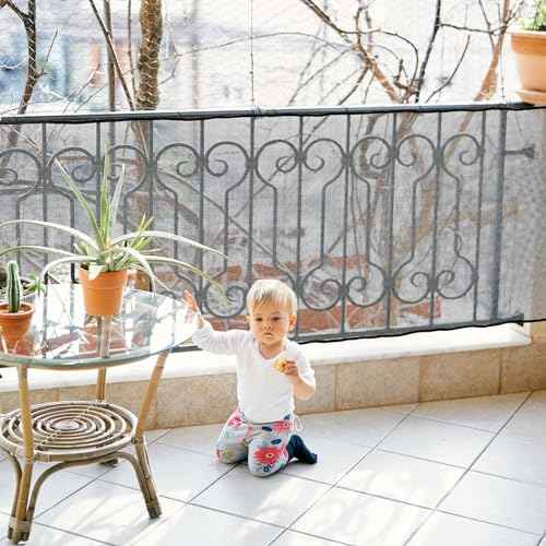 Hosuly Banister Guard 15 x 3 ft Balcony Netting for Kids Pets Stairway Safety Net Baby Fence Door Balcony Netting Safety Mesh Stair Net with No Drilling for Apartment Railing(Black)