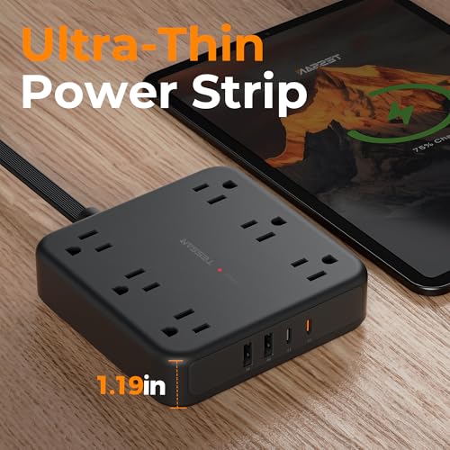 TESSAN 5ft Flat Plug Power Strip Surge Protector with USB-C & USB-A Outlets, Black