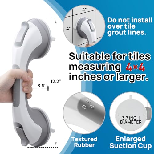 LEVERLOC 12.2 Inch Gray Suction Grab Bars 2 Pack, No Drilling Shower Handles for Seniors