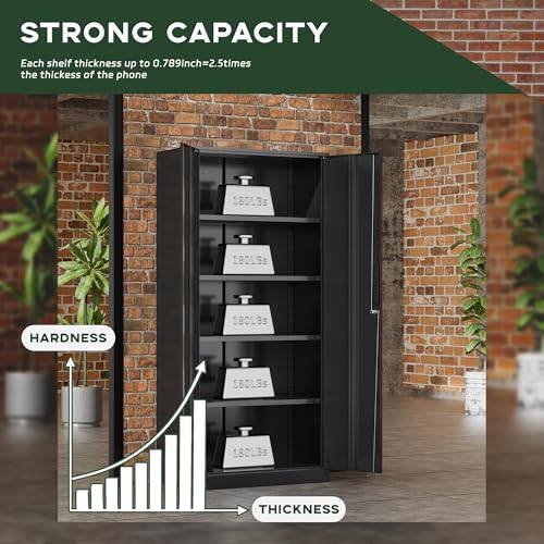 Greenvelly 72 Inch Black Metal Cabinet with 4 Shelves, Locking Doors, Heavy Duty Garage Storage