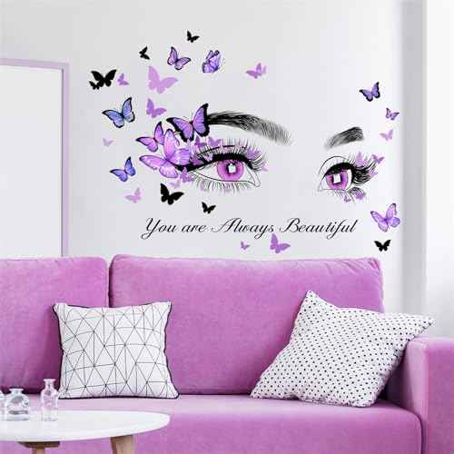 Purple Eyelash Eyes Butterfly Wall Stickers, sacinora Inspirational Quotes Motivational Word DIY Wall Decals Removable Vinyl Peel and Stick for Women Girl Kids Living Room Bedroom Nursery Art Decor
