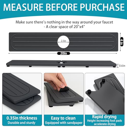 Lyxel 20x4 Inch Dark Gray Fast Drying Diatomite Stone Faucet Mat with Raised Feet