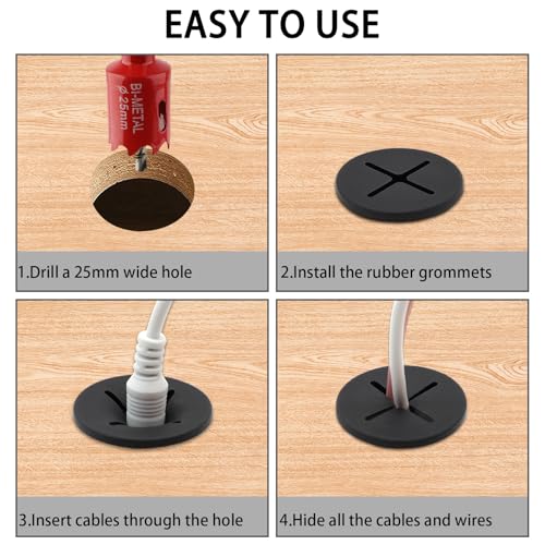 KITANIS 1 Inch Black Cross Desk Grommet 13 Pieces with Hole Saw - Cable Management