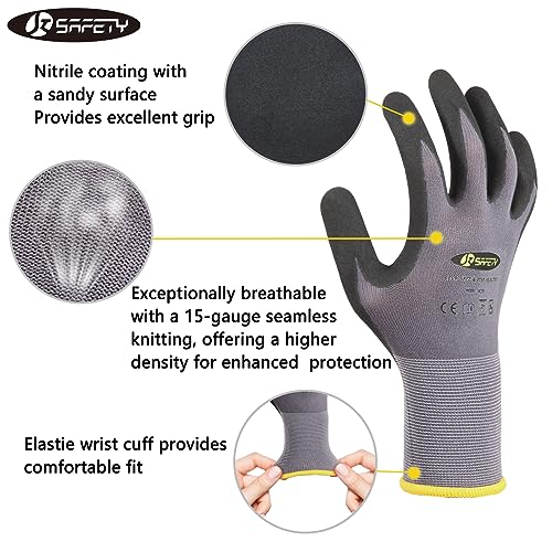JKSafety Sandy MicroFoam Nitrile Safety Work Gloves with Touch Screen capability 3 Pairs Lightweight Work Utility Gloves EN388 Non-Slip Grips Nylon Spandex material Charcoal Gray (G229-CGrey3 L)