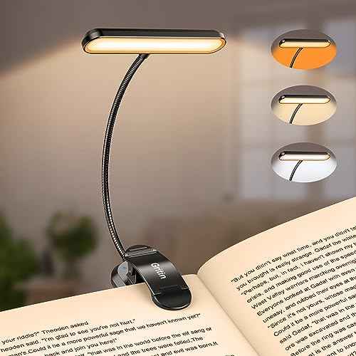 Gritin Rechargeable Book Light for Reading in Bed with 19 LED &Memory Function-Eye Caring 3 Color Temperatures,5 Brightness Levels,80 Hrs Runtime Flexible Goose Neck Clip on Light for Book Lovers
