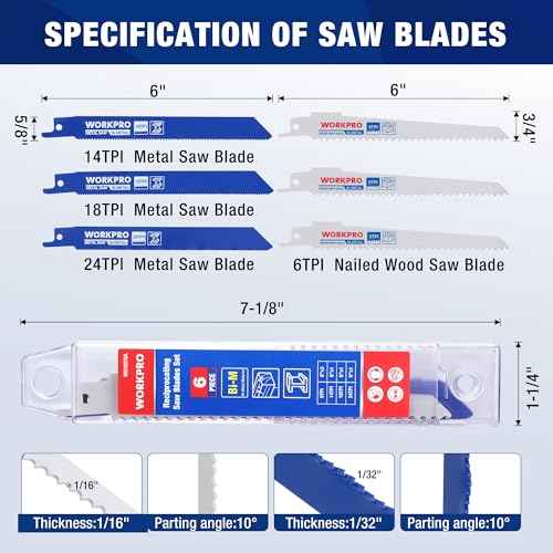 WORKPRO 6-Piece Reciprocating Saw Blade Set, 6" BIM Saw Blades for Metal/Wood with Nails Cutting, Organizer Case Included