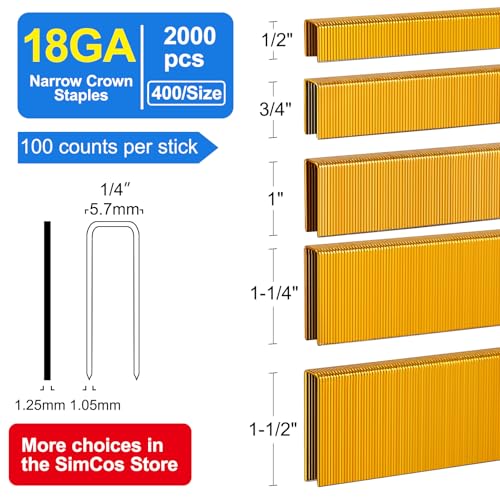 SimCos 18GA Narrow Crown Staples 1/2"-1-1/2" Assorted Sizes 2000 pcs - Compatible with Most Staplers