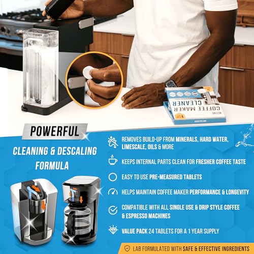 ACTIVE Coffee Machine Cleaner Descaler Tablets - 24 Count, Compatible with Nespresso, Keurig, Ninja, DeLonghi & More, Descale & Clean Coffee Makers