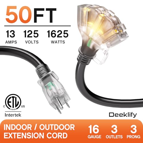 Black 50FT Outdoor Extension Cord with Multiple Outlets & Indicator Light