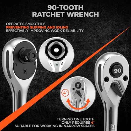 HORUSDY 1/4" Drive 90-Tooth Quick-Release Ratchet Handle with 1/4" to 3/8" Adapter, Reversible Thin Profile Socket Wrench, 4¡Æ Swing Arc, Ergonomic Anti-Slip Grip, Ideal for Auto, Bike & Home Repair