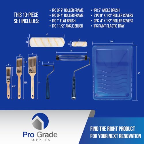 Pro Grade Paint Roller Kit, Brushes, 4" & 9" Covers for Walls