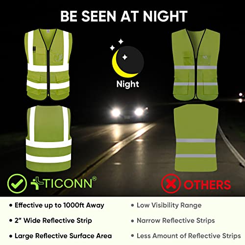 TICONN High Visibility Reflective Safety Vest for Men & Women - Yellow, Large, ANSI Class 2