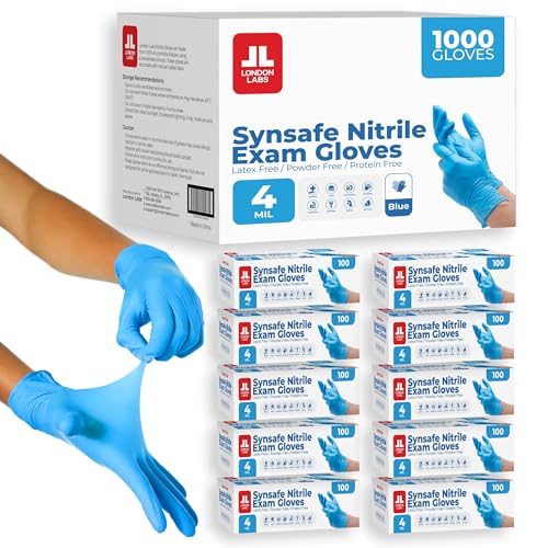 London Labs Synsafe 4 Mil Blue Nitrile Exam Gloves 1000 Count Medium - Latex & Powder Free, Extra Strong Disposable Gloves