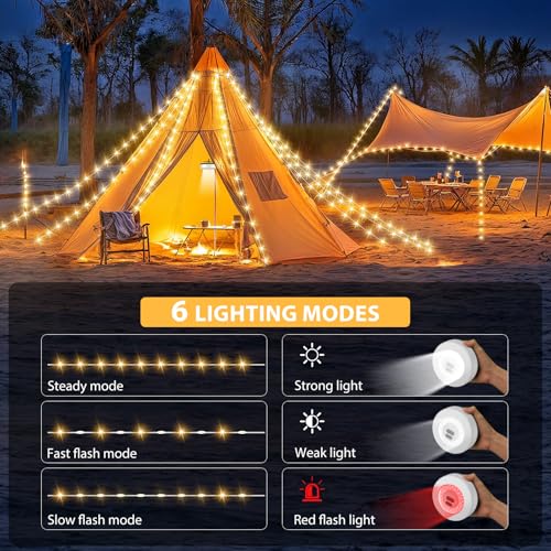 2Pack Camping String Lights, 4 in 1 Quick Storage 32.8FT Rechargeable Tent Lights with 6 Modes Hanging Waterproof Camp Lamp Camping Essentials for AwnTent Hiking Garden Bedroom Festival (Warm White)