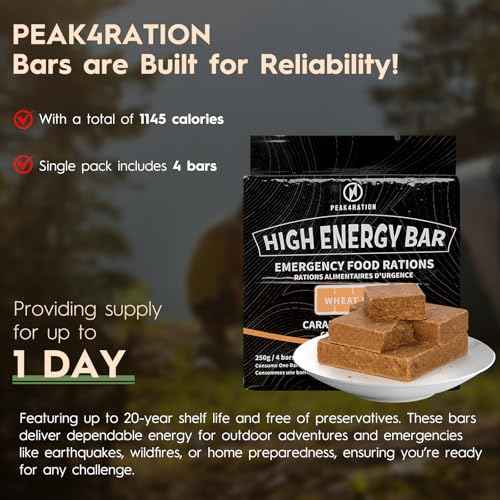 PEAK4RATION High Energy Bar | Emergency Ration Biscuits - Caramel Cinnamon 250g 1145kcal | Long Shelf-Life Compressed Biscuits for up to 1 Day Food Supply - Compact Survival Food Bar MRE for Outdoor Camping, Crisis, Earthquake, Wildfire, Home Preparedness