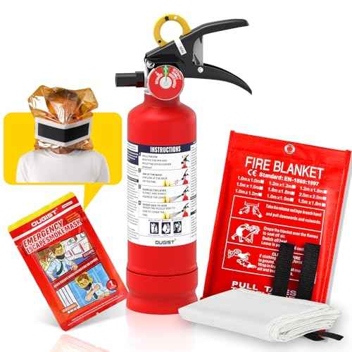 Ougist 3 Pieces Fire Extinguisher Kit for Home Kitchen and Car ? Includes 2.5 lb ABC Dry Powder Fire Extinguisher with Quick-Release Handle, Emergency Smoke Hood and Fire Blanket