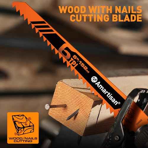 AMARTISAN 10-Piece Bi-Metal Reciprocating Saw Blade Set 6 to 8 Inch Used for Wood & Metal Cutting, Drywall, Plastic and Composite Materials