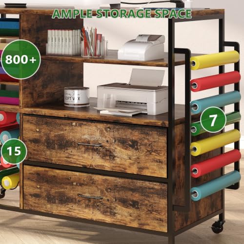 IBLUCTRY Rustic Brown Rolling Craft Storage Cart with Power Outlets & Vinyl Roll Holders
