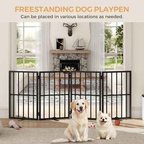 Dog Gate Indoor, Freestanding Foldable Pet Gate for The House, Doorway, Stairs, 64.6" W x 23.6" H Metal Step Over Fence with Support Feet, 4-Panel Pet Puppy Safety Fence, Black DGBK6101