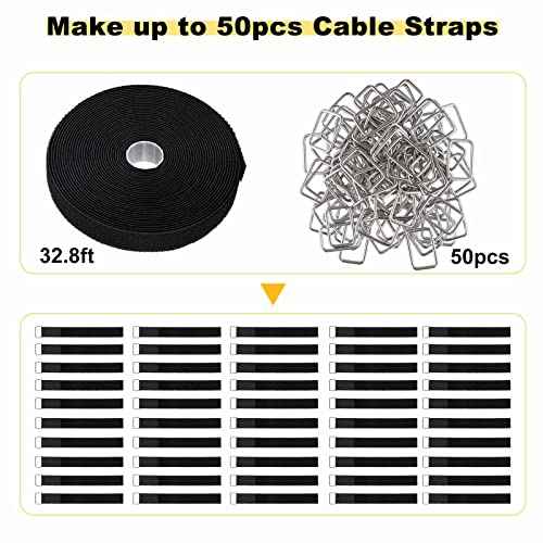 1"x32ft Hook and Loop Straps with 50 Metal Buckles, Adjustable Fastening Cable Straps, Cut-to-Length Cinch Strap, Reusable Nylon Securing Cord Ties for Organizer or Storage, 1 inch Wide, Black