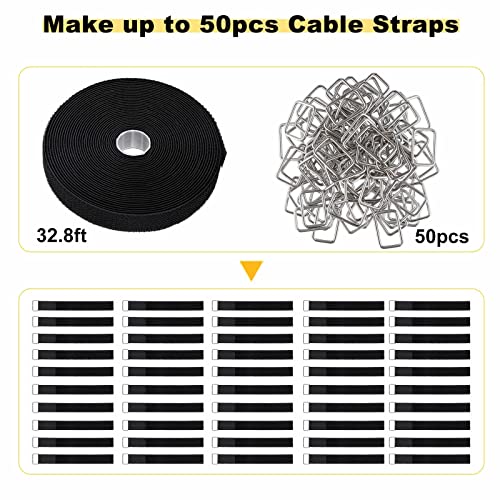 YMCRLUX 1in x 32ft Black Hook and Loop Straps with 50 Metal Buckles, Adjustable Cable Tie Cord