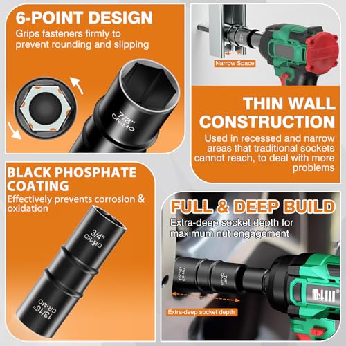 XEWEA 1/2 Inch Drive 18.5mm x 19.5mm Thin Wall Impact Flip Socket, Lug Nut Impact Socket Set Double Ended Thin Wall Nut Sockets CR-MO Twist Removal Tool for Stripped Rusted Bolts