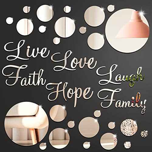 Zonon 3D Acrylic Mirror Wall Decor Stickers 6 Word DIY Faith Live Laugh Hope Love Family Mirror Wall Decor 26 Solid Circle Stickers for Home Bedroom Office(Silver)