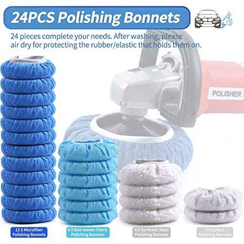 OTUAYAUTO 24PCS 5-6 Inch Car Polisher Bonnet - 12 Microfiber, 6 Non-Woven Fabric, 4 Woolen, 2 Cotton Auto Polishing Bonnets, for Orbital Buffer Polisher