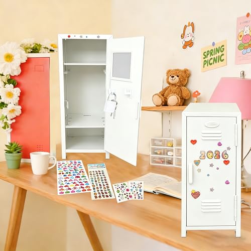 Itechpanda White Mini Locker with Key & Stickers, Small Metal Storage Box for Jewelry & Cash