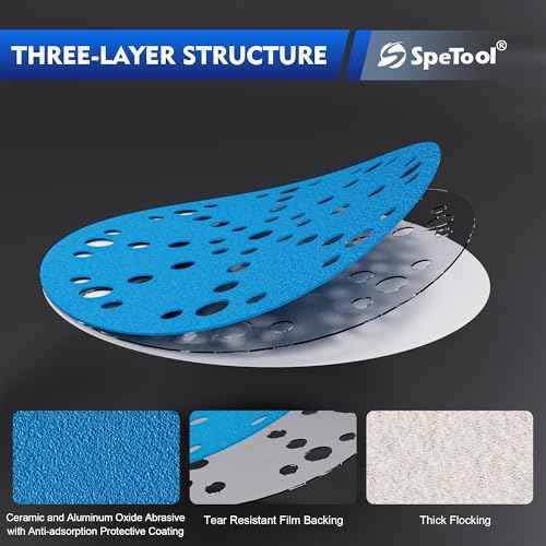 SpeTool 6 Inch Sanding Discs, 49 Hole Hook & Loop Sandpaper 60 Pack Assortment Grit 80,120,180,240,320,400 Surfacing with Stearate Anti-Clog Coating Ceramic Aluminum Oxide Abrasives for Sanding Chore