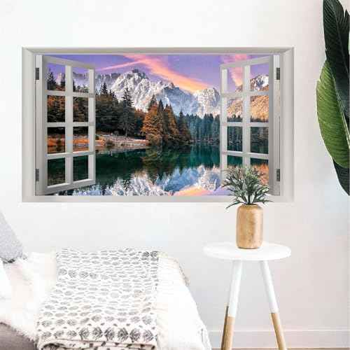 Fake Window Wall Stickers 3D Landscape Wall Sticker Decor Vinyl Mountain Lake Forest Wall Sticker Decals Peel and Stick Nature Scenery Faux Window Wallpaper for Living Room Bedroom Home Kitchen Decor
