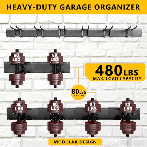Tebgeag 48-Inch Garage Wall Organizer with 6 Adjustable Double Hooks - Heavy-Duty Tool & Garden Storage System