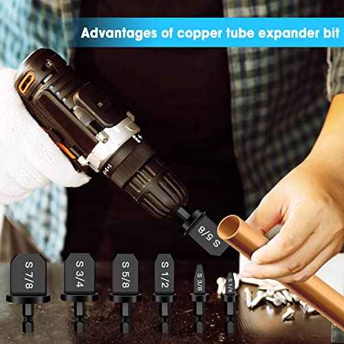 6Pcs HVAC Repairing Set, Boring Drill Bits, Air Conditioner Tube Expander Swaging Tool, Manual Copper Pipe Swage, Soft Copper Tubing Set (1/4", 3/8", 1/2", 5/8", 3/4", 7/8")