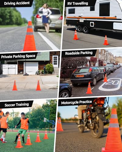 BATTIFE 4 Pack 18-Inch Collapsible Orange Traffic Cones with Reflective Strips & Storage Bag