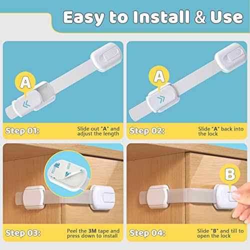 4our Kiddies Child Proof Cabinet Locks for Baby Proofing, 14 Pack Baby Proof Drawer Locks for Kids, Child Safety, Adjustable Child Locks for Cabinet and Drawers with 12 Extra 3M Adhesives, No Drilling