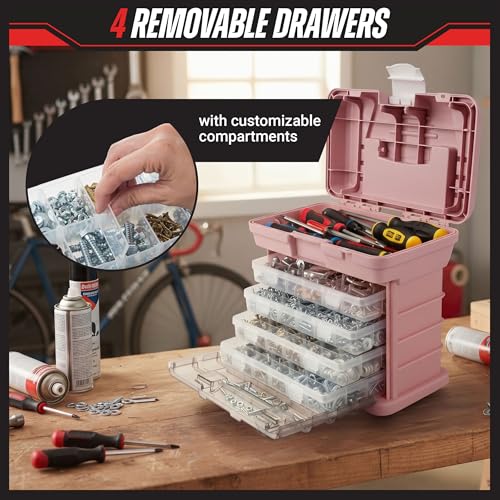 Stalwart Pink Portable Tool Box with 4 Drawers – Multiuse Organizer