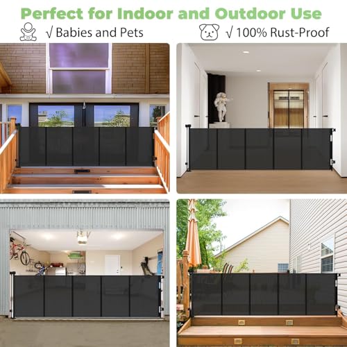 96-Inch Wide Reinforced Retractable Baby Gate, Black, 33" Tall, Space-Saving