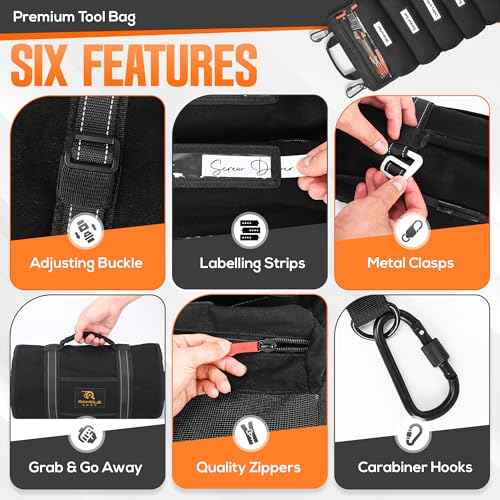 Roll up tool bag with Carabiners - 5 Large Oversized Pockets with Labels-Tool roll bag organizer - Canvas foldable tool Bag organizer | Tool organizer bag for Mechanic, Electrician & more