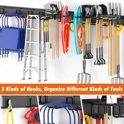 Housolution Heavy Duty Garden Tool Organizer 64 Inch - 18Pack Carries 570 lbs, Garage Tool Organizer Storage System, 4 Rails with 12 Adjustable Hooks, Tool Holder Wall Mount for Warehouse, Workshop