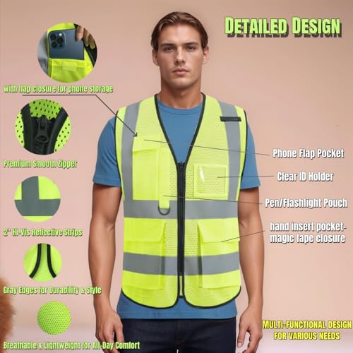 Hi Vis Reflective Safety Vest with High Visibility Strips for Road Crew & Outdoor