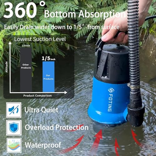 FOTING 1HP Sump Pump 4600GPH Submersible Dirty/Clean Water Pump