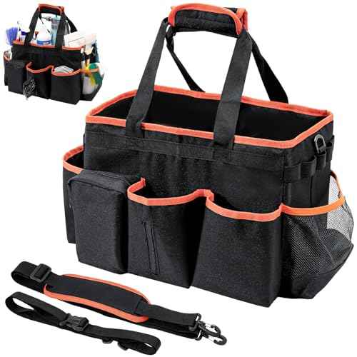 ProCase Cleaning Caddy Bag for Housekeepers, Foldable Cleaning Supply Bag with 5 Compartments, Wearable Detailing Organizer Tote with Handles and Shoulder Strap -Orange