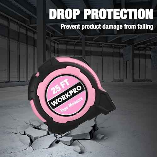 WORKPRO 25FT Pink Tape Measure, 1/8 Fractions Easy Read Measuring Tape, Retractable Nylon Coating Measurement Tape Accuracy 1/32, Magnetic Hook, Belt Clip, Rubber Protective Casing - Pink Ribbon