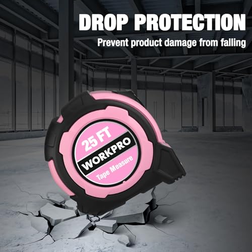 WORKPRO Pink 25FT Tape Measure with Easy Read 1/8 Inch Markings & Magnetic Hook